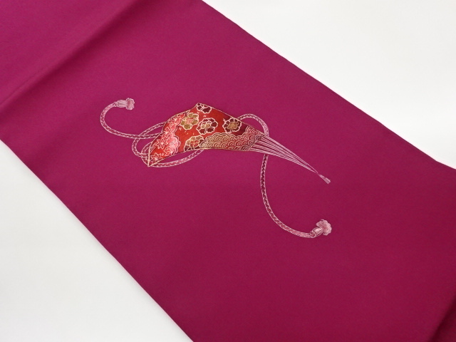 塩瀬金彩檜扇に花葉・波模様名古屋帯